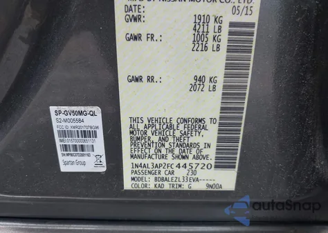 2015 Nissan Altima 2.5/2.5 S/2.5 Sl/2.5 Sv из США, поврежденный, VIN 1N4AL3AP2FC445720